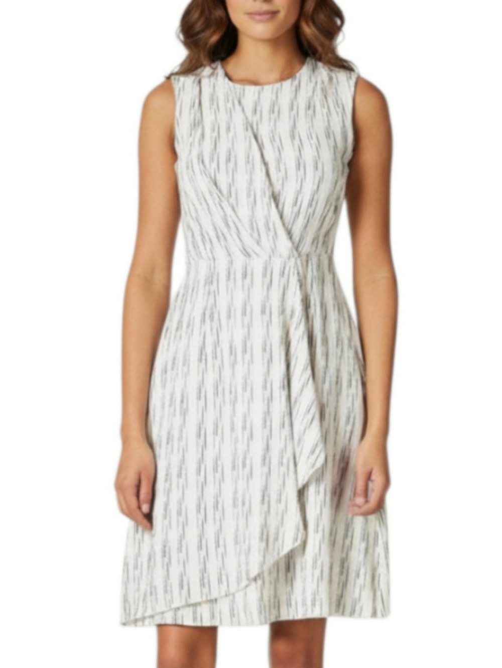 Calvin Klein Linen Faux Wrap Dress Size 10 White Grey Coastal Resort Wear NWT